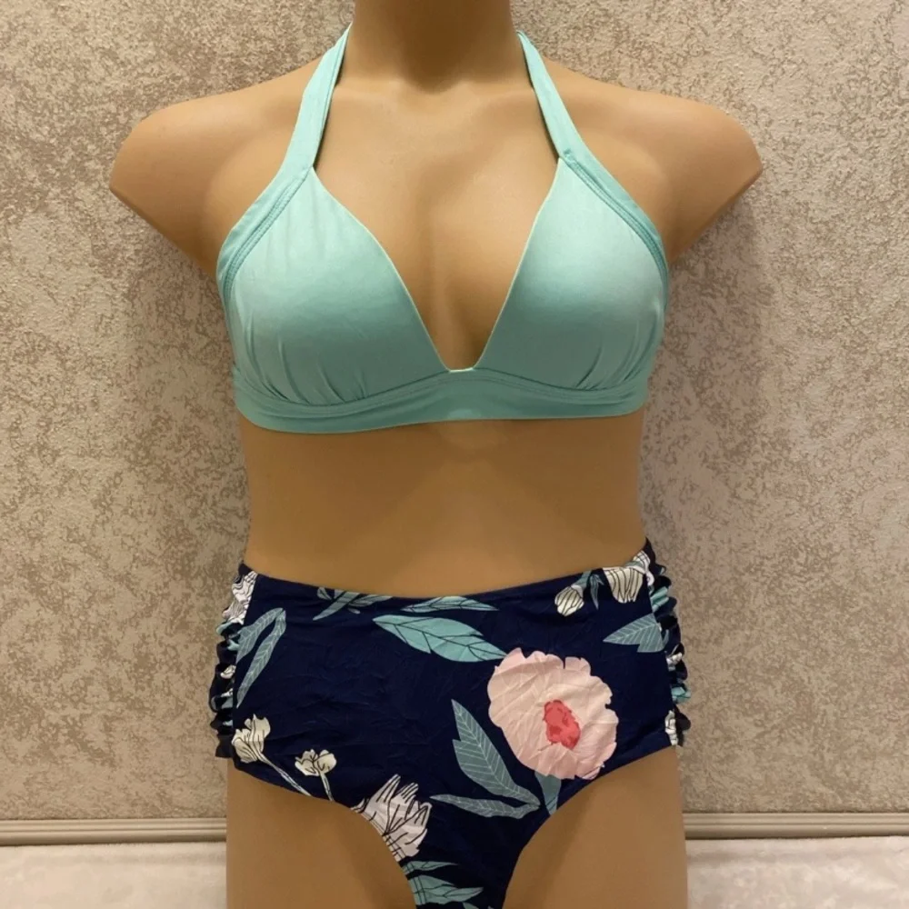 Aqua and Navy Floral Bikini Set